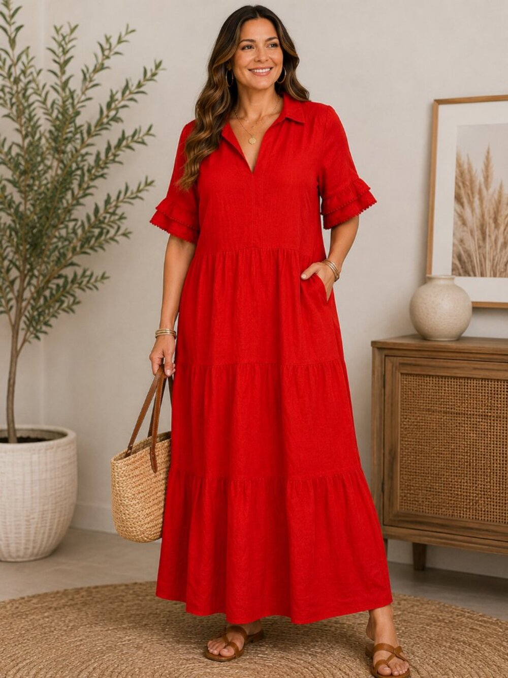 Chico’s Red Linen Tiered Maxi Dress NWT Size 15